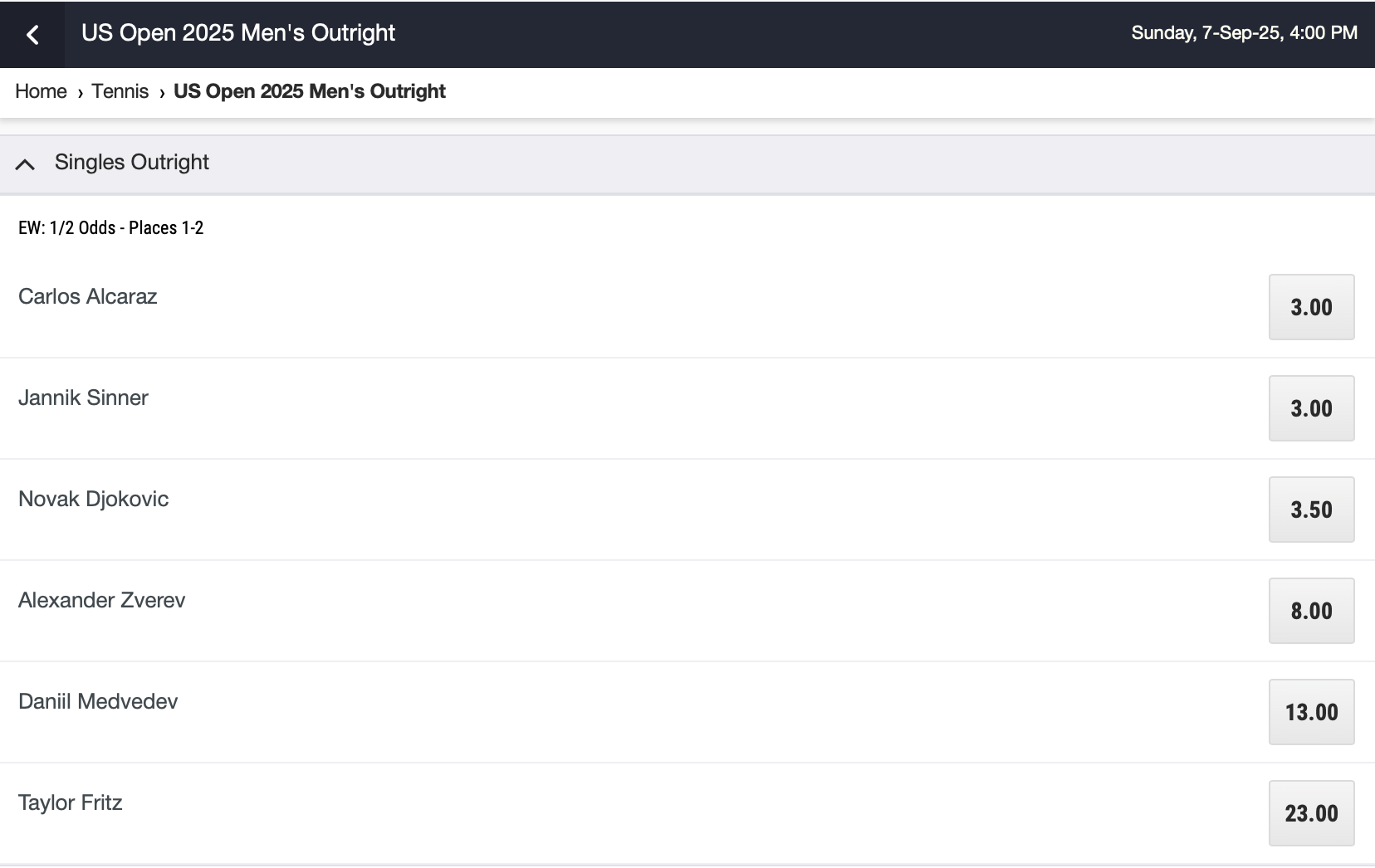 Markets for the 2025 Men's US Open Outrights market